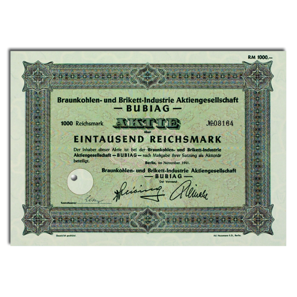 1000 Reichsmark Braunkohlen- und Brikett-Indutrie AG1935 (BUBIAG) - Aktie