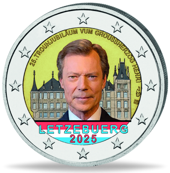 2 Euro 25-jähr. Thronjubiläum Henri, 2025, bfr., Farbappli. - Münze Vorderseite