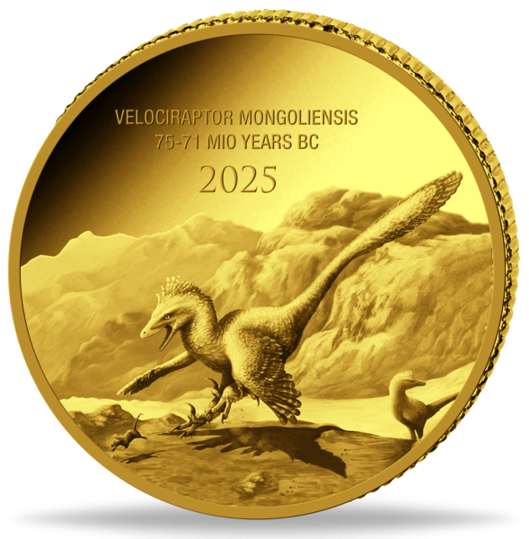 100 Francs, Velociraptor Prehistoric Life II. 0,5 g Gold, PP - Münze Vorderseite