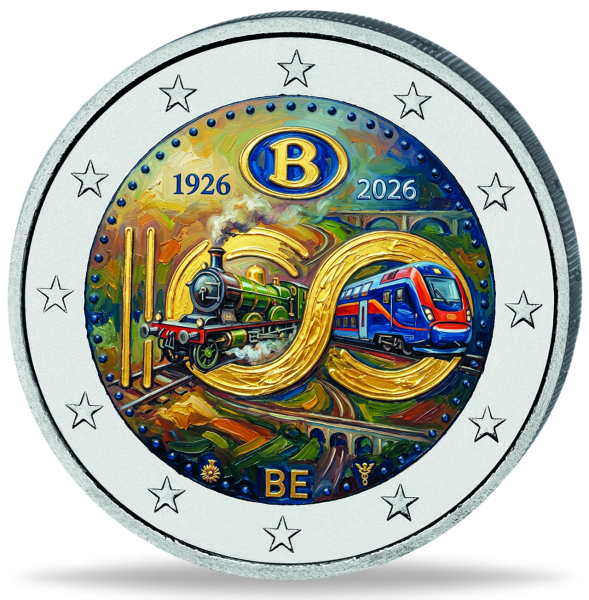 Belgien, 2 Euro Staatsbahnen, 2026, bfr. mit Farbapplikation - Münze Vorderseite