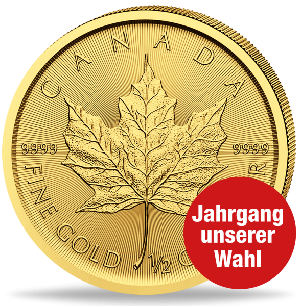 20 Dollar Maple Leaf 1/2 Unze Gold, Jahrgang unserer Wahl - Münze Vorderseite