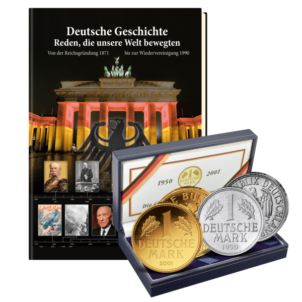 Set 1 Goldmark 2001 + 1 DM 1950 + Buch der größten deutschen Reden - Satzbild