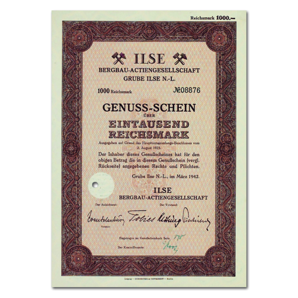 1000 Reichsmark Ilse, Bergbau-AG Grube 1923 - Aktie