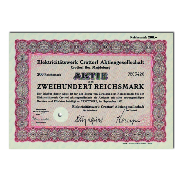 Aktie 200 Reichsmark Electricitätswerk Crottdorf AG