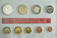 10,68 DM Kursmünzensatz 1 Pfennig bis 5 DM - BRD 1972 G - Polierte Platte 10,68 DM Kursmünzensatz 1 Pfennig bis 5 DM - BRD 1972 G - Polierte Platte