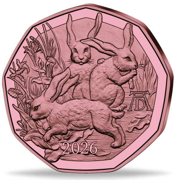 5 Euro Ostermünze – Dürers Hasentrio, 2026, Kupfer - Münze Vorderseite