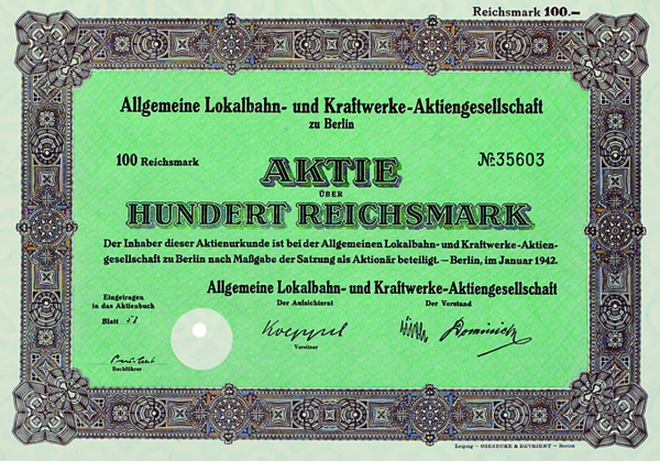 Aktie 100 Reichsmark Allgemeine Lokalbahn- und Kraftwerke AG