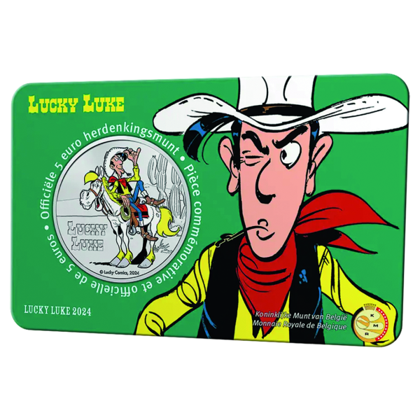 Belgien 5 Euro Lucky Luke, bfr. mit Farbapplikation, in Coincard Blister