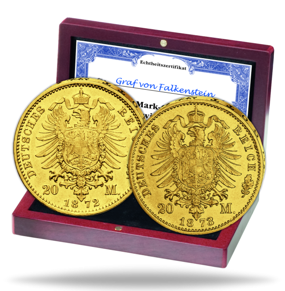 Königreich Bayern, Gold-Satz 20 Mark Ludwig II. (J.194) 1872+73 (2 Mz.) - Gold